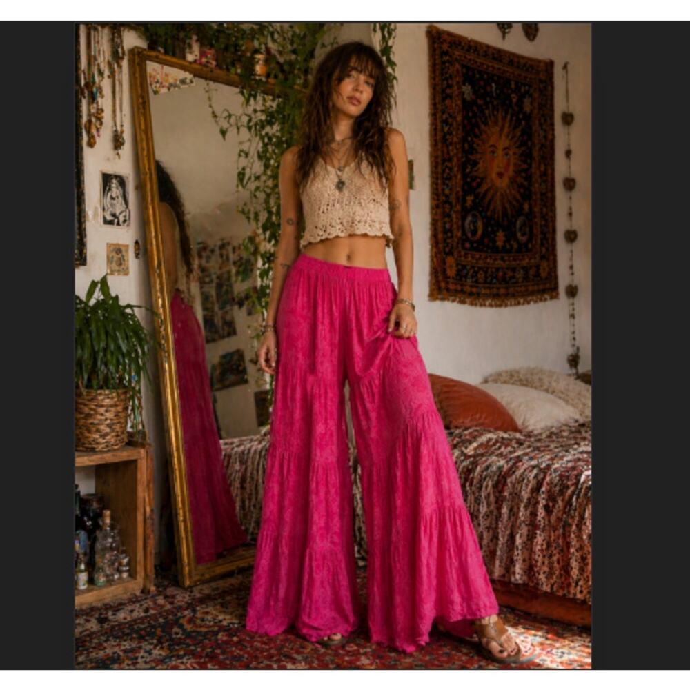 Natural Life Sz S Hot Pink Palazzo Pants Wide Leg Ankle Hippie Boho Beach